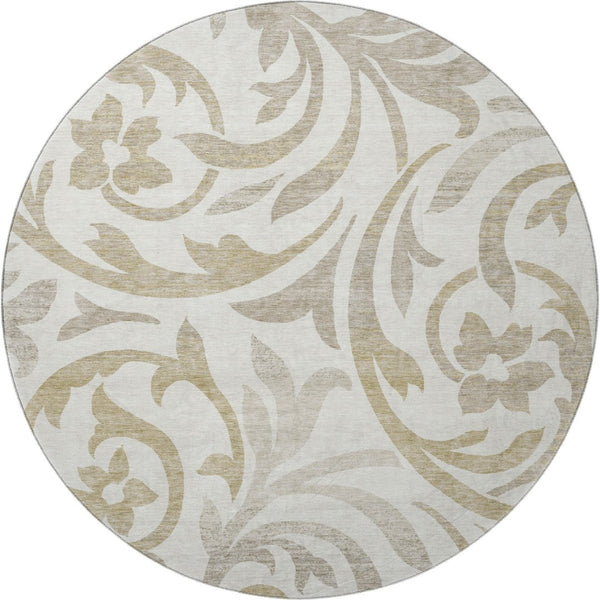HomeRoots 8' Ivory Beige and Taupe Floral Washable Round Rug - Stylish, Durable, UV-Protected for Any Space! 664137