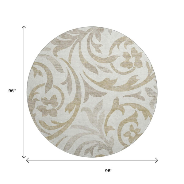 HomeRoots 8' Ivory Beige and Taupe Floral Washable Round Rug - Stylish, Durable, UV-Protected for Any Space! 664137