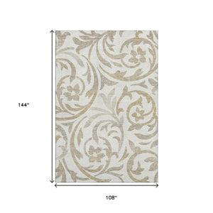 HomeRoots 9' X 12' Elegant Ivory Beige Taupe Floral Washable Area Rug with UV Protection for Busy Homes 664139