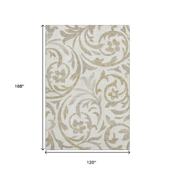 HomeRoots 10' X 14' Elegant Ivory, Beige & Taupe Floral Washable Area Rug with UV Protection for Homes 664140