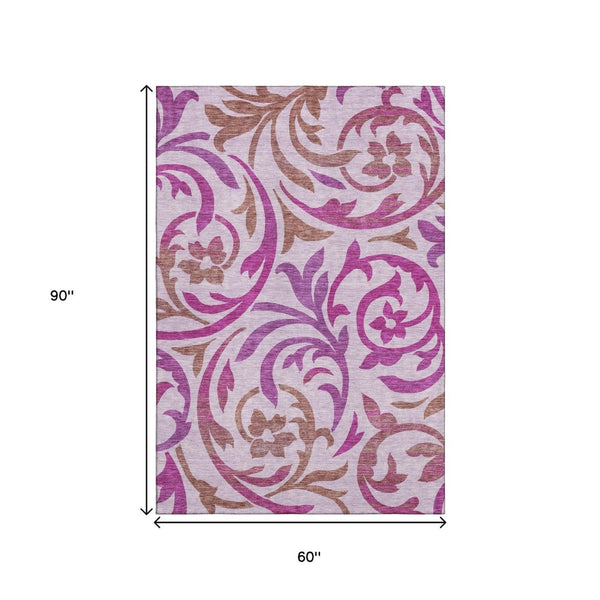 HomeRoots 5' X 8' Elegant Lavender Blush & Ivory Floral Area Rug - Washable, UV Protected for Family Homes 664142