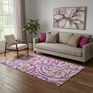 HomeRoots 5' X 8' Elegant Lavender Blush & Ivory Floral Area Rug - Washable, UV Protected for Family Homes 664142