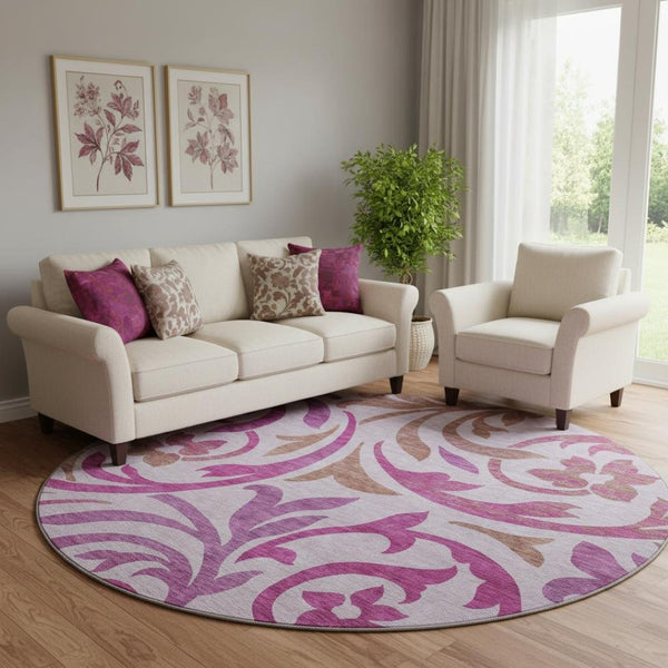 HomeRoots 8' Floral Washable Round Rug in Lavender Blush & Ivory – UV Protected, Durable for Homes with Pets 664143