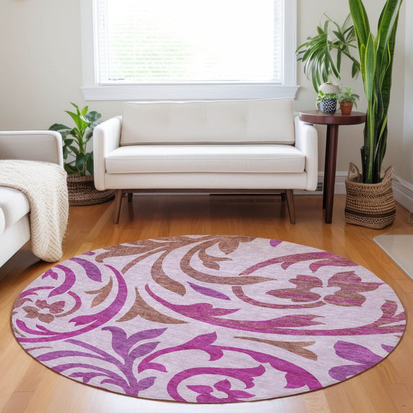 HomeRoots 8' Floral Washable Round Rug in Lavender Blush & Ivory – UV Protected, Durable for Homes with Pets 664143