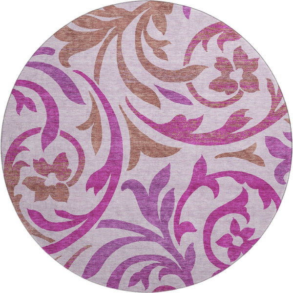HomeRoots 8' Floral Washable Round Rug in Lavender Blush & Ivory – UV Protected, Durable for Homes with Pets 664143