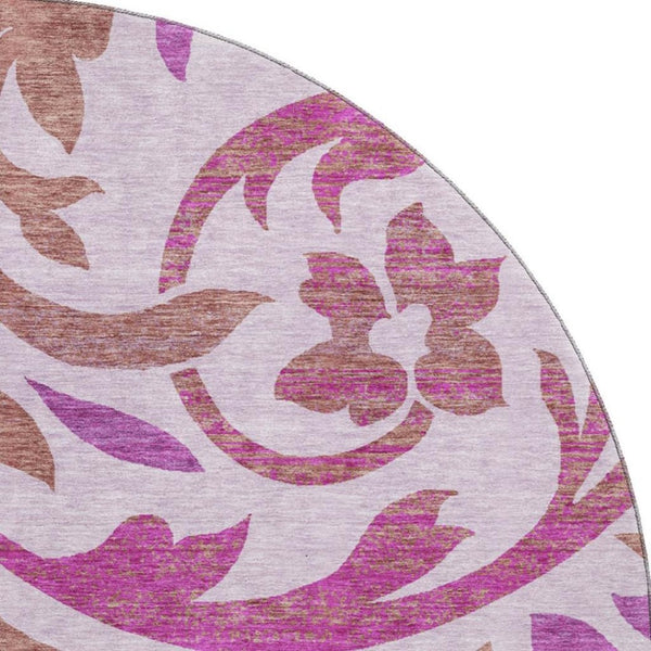 HomeRoots 8' Floral Washable Round Rug in Lavender Blush & Ivory – UV Protected, Durable for Homes with Pets 664143