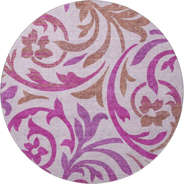 HomeRoots 8' Floral Washable Round Rug in Lavender Blush & Ivory – UV Protected, Durable for Homes with Pets 664143
