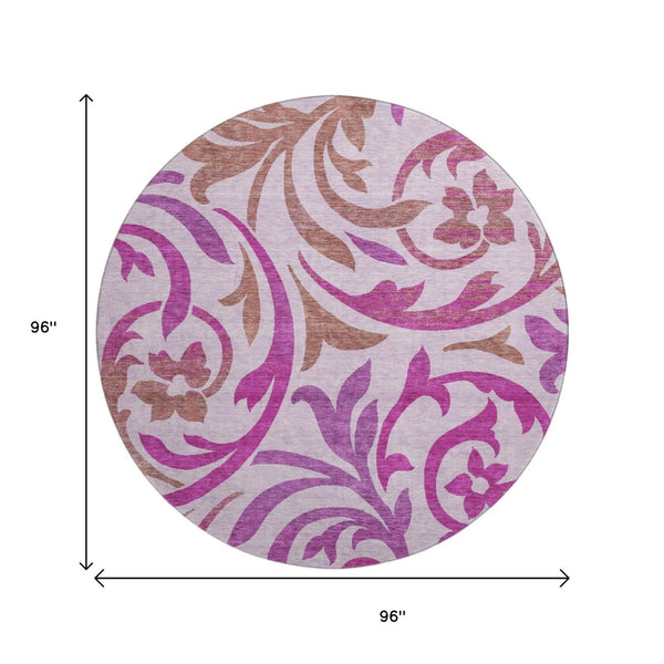 HomeRoots 8' Floral Washable Round Rug in Lavender Blush & Ivory – UV Protected, Durable for Homes with Pets 664143