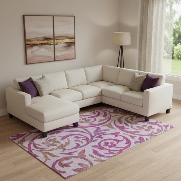 HomeRoots 9' X 12' Floral Area Rug in Lavender Blush & Ivory - Washable, Durable, Stain-Resistant with UV Protection 664145