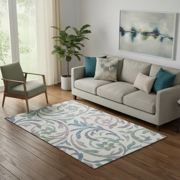 HomeRoots 5' X 8' Timeless Floral Washable Area Rug in White, Sage & Mauve with UV Protection & Durability 664154