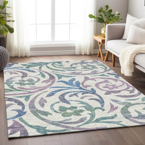 HomeRoots 5' X 8' Timeless Floral Washable Area Rug in White, Sage & Mauve with UV Protection & Durability 664154