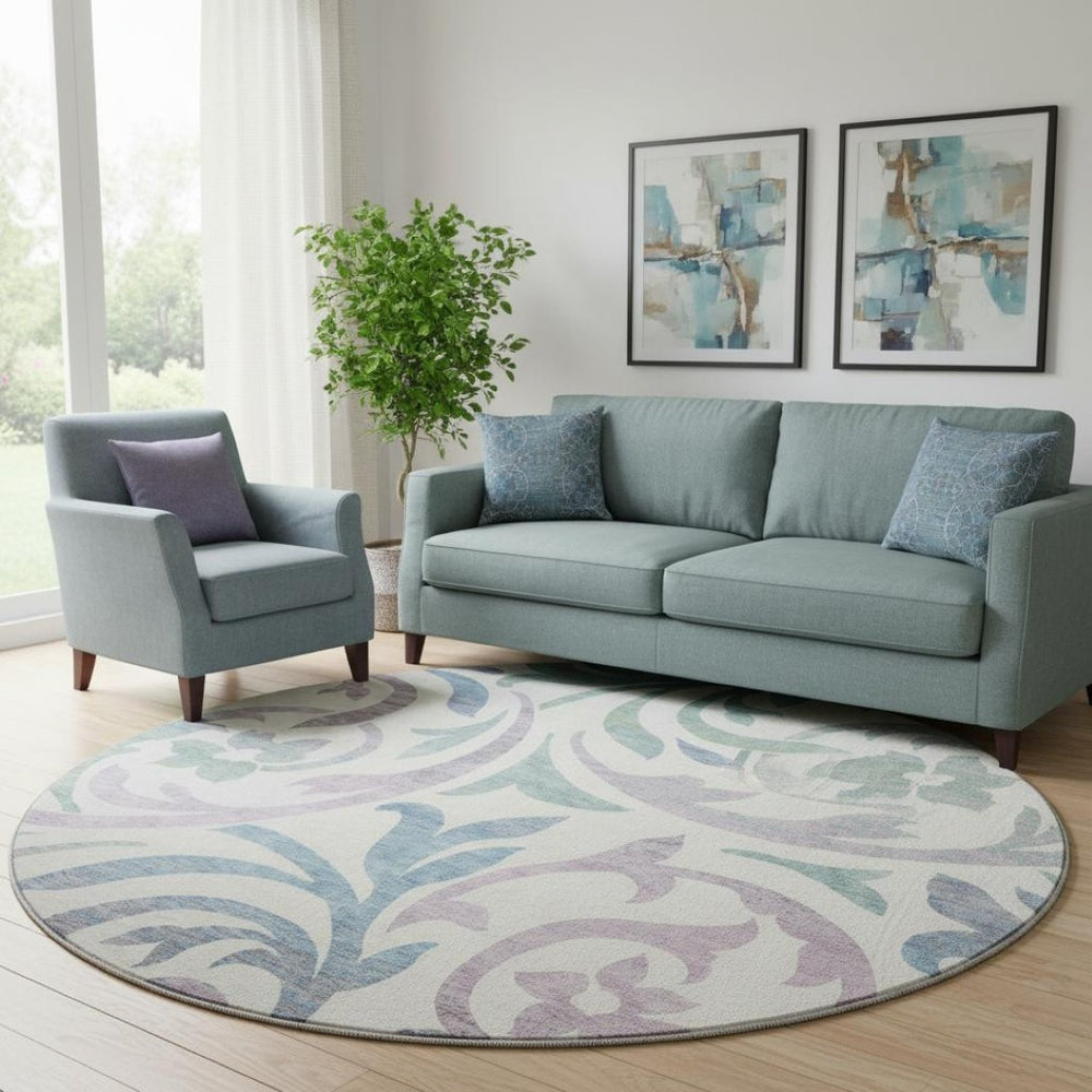 HomeRoots 8' Elegant White Sage and Mauve Floral Round Rug – Washable, UV Protected, Perfect for Any Room 664155