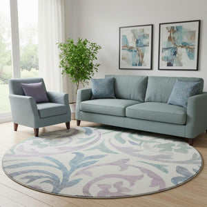 HomeRoots 8' Elegant White Sage and Mauve Floral Round Rug – Washable, UV Protected, Perfect for Any Room 664155