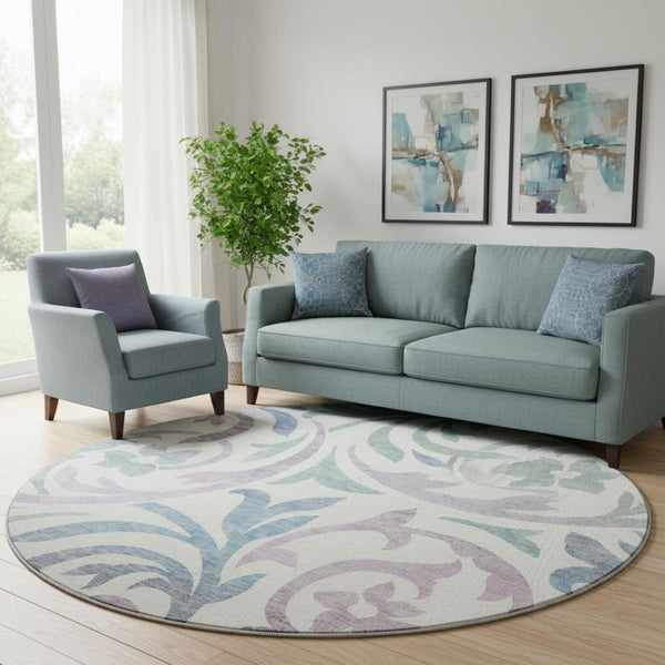 HomeRoots 8' Elegant White Sage and Mauve Floral Round Rug – Washable, UV Protected, Perfect for Any Room 664155