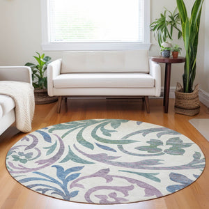 HomeRoots 8' Elegant White Sage and Mauve Floral Round Rug – Washable, UV Protected, Perfect for Any Room 664155