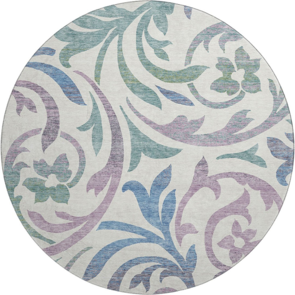HomeRoots 8' Elegant White Sage and Mauve Floral Round Rug – Washable, UV Protected, Perfect for Any Room 664155