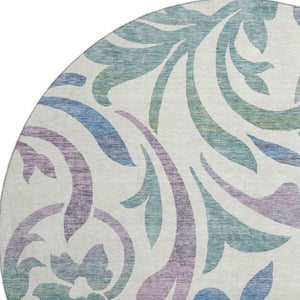 HomeRoots 8' Elegant White Sage and Mauve Floral Round Rug – Washable, UV Protected, Perfect for Any Room 664155
