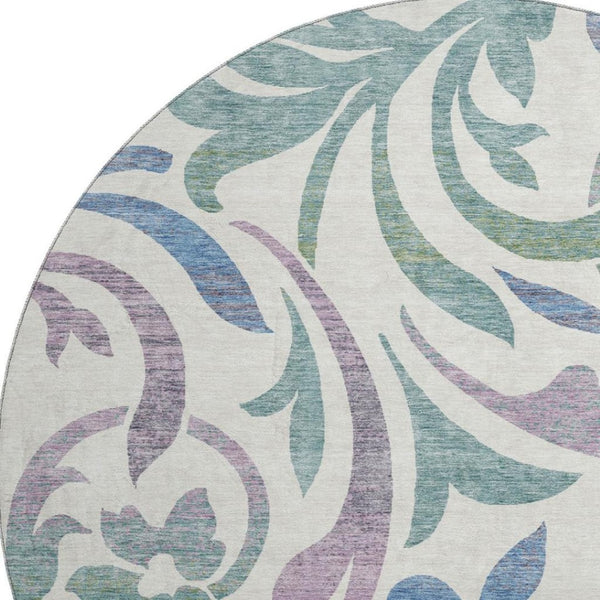 HomeRoots 8' Elegant White Sage and Mauve Floral Round Rug – Washable, UV Protected, Perfect for Any Room 664155