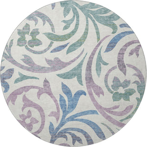 HomeRoots 8' Elegant White Sage and Mauve Floral Round Rug – Washable, UV Protected, Perfect for Any Room 664155
