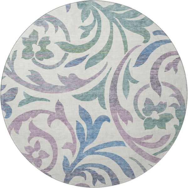 HomeRoots 8' Elegant White Sage and Mauve Floral Round Rug – Washable, UV Protected, Perfect for Any Room 664155