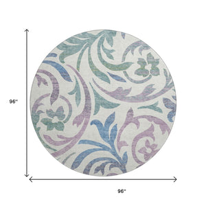 HomeRoots 8' Elegant White Sage and Mauve Floral Round Rug – Washable, UV Protected, Perfect for Any Room 664155