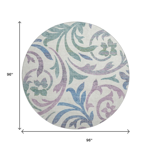HomeRoots 8' Elegant White Sage and Mauve Floral Round Rug – Washable, UV Protected, Perfect for Any Room 664155
