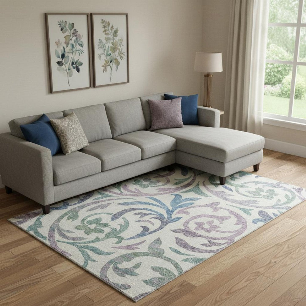 HomeRoots 9' X 12' Elegant Floral Area Rug in White, Sage & Mauve – Washable, UV-Protected & Stain-Resistant! 664157