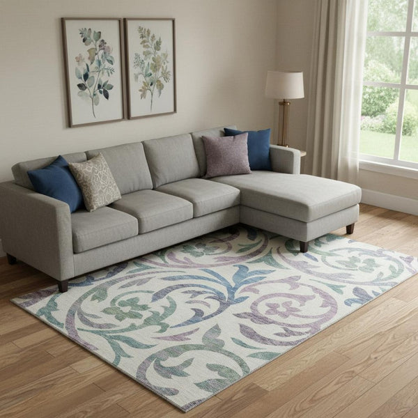 HomeRoots 9' X 12' Elegant Floral Area Rug in White, Sage & Mauve – Washable, UV-Protected & Stain-Resistant! 664157
