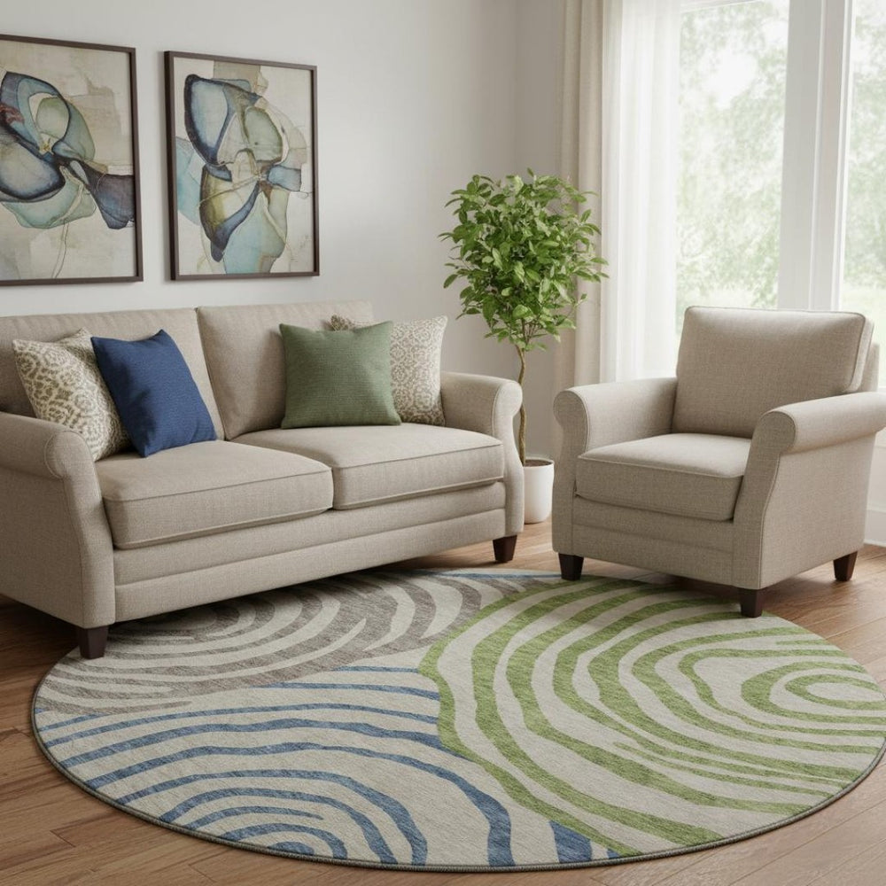 HomeRoots 8' Washable Round Rug in Beige, Green & Blue Abstract Design with UV Protection for Any Space 664161