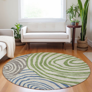HomeRoots 8' Washable Round Rug in Beige, Green & Blue Abstract Design with UV Protection for Any Space 664161