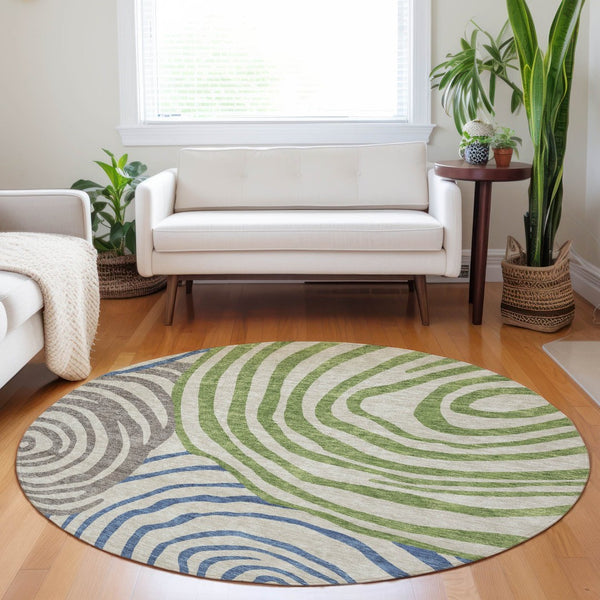 HomeRoots 8' Washable Round Rug in Beige, Green & Blue Abstract Design with UV Protection for Any Space 664161