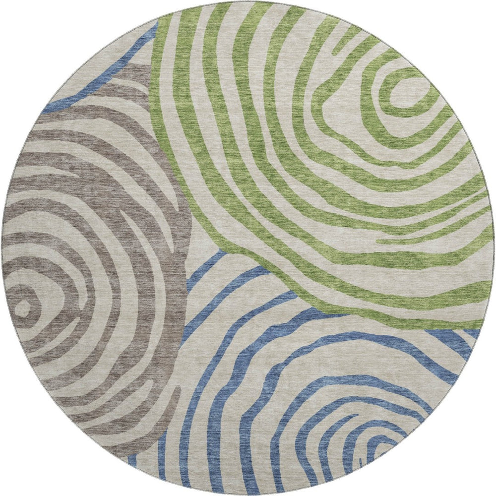 HomeRoots 8' Washable Round Rug in Beige, Green & Blue Abstract Design with UV Protection for Any Space 664161