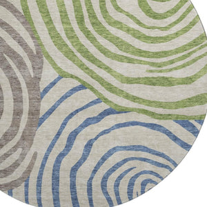 HomeRoots 8' Washable Round Rug in Beige, Green & Blue Abstract Design with UV Protection for Any Space 664161