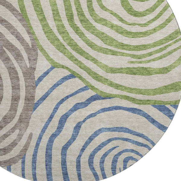 HomeRoots 8' Washable Round Rug in Beige, Green & Blue Abstract Design with UV Protection for Any Space 664161