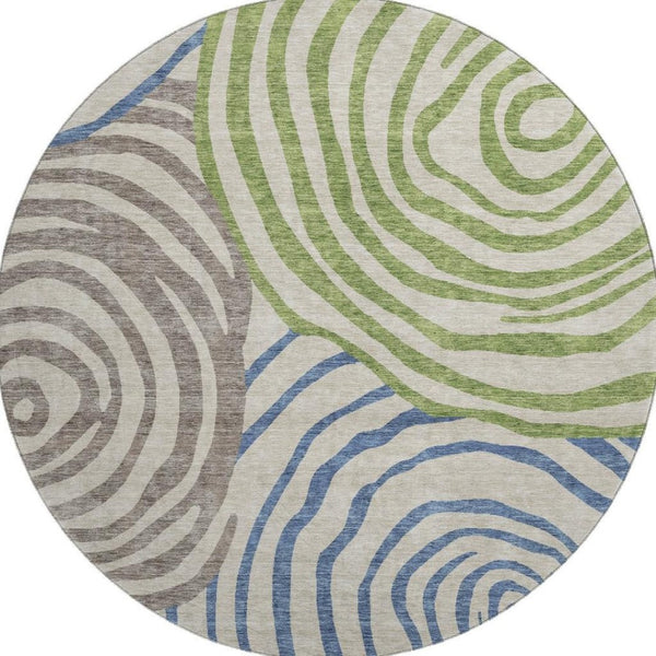 HomeRoots 8' Washable Round Rug in Beige, Green & Blue Abstract Design with UV Protection for Any Space 664161