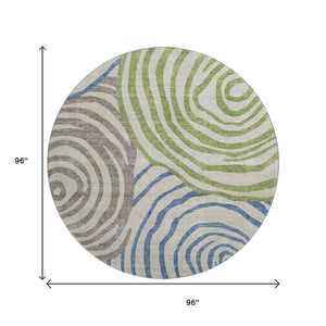 HomeRoots 8' Washable Round Rug in Beige, Green & Blue Abstract Design with UV Protection for Any Space 664161