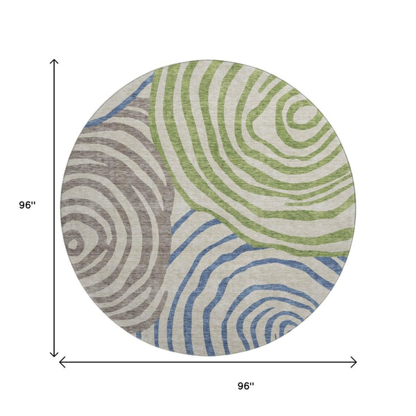 HomeRoots 8' Washable Round Rug in Beige, Green & Blue Abstract Design with UV Protection for Any Space 664161