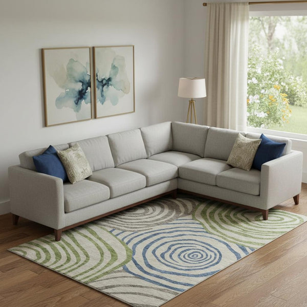 HomeRoots 8' X 10' Washable Abstract Area Rug in Beige, Green & Blue - UV Protected, Stain Resistant & Durable 664162