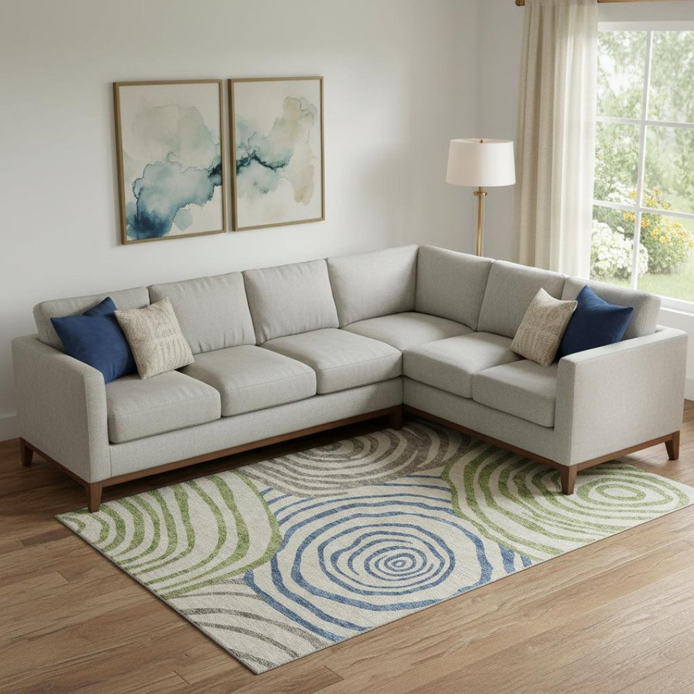 HomeRoots 9' X 12' Abstract Washable Area Rug in Beige, Green & Blue - UV Protected, Stain Resistant, Durable 664163
