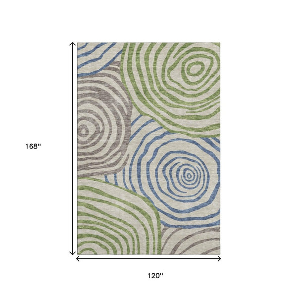 HomeRoots 10' X 14' Washable Area Rug in Beige, Green & Blue - UV Protected, Stain-Resistant, Durable Design! 664164