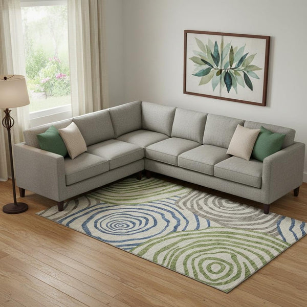 HomeRoots 10' X 14' Washable Area Rug in Beige, Green & Blue - UV Protected, Stain-Resistant, Durable Design! 664164