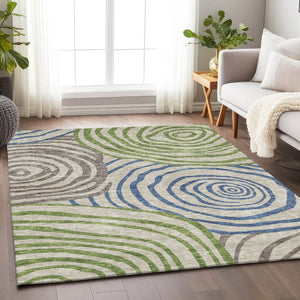 HomeRoots 10' X 14' Washable Area Rug in Beige, Green & Blue - UV Protected, Stain-Resistant, Durable Design! 664164