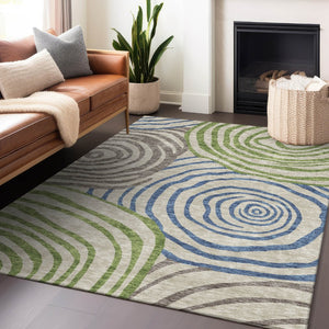 HomeRoots 10' X 14' Washable Area Rug in Beige, Green & Blue - UV Protected, Stain-Resistant, Durable Design! 664164