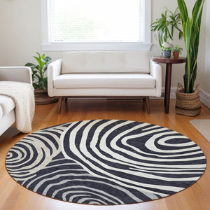 HomeRoots 8' Modern Black Ivory Gray Abstract Washable Round Rug with UV Protection & Stain Resistance 664167
