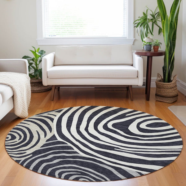 HomeRoots 8' Modern Black Ivory Gray Abstract Washable Round Rug with UV Protection & Stain Resistance 664167