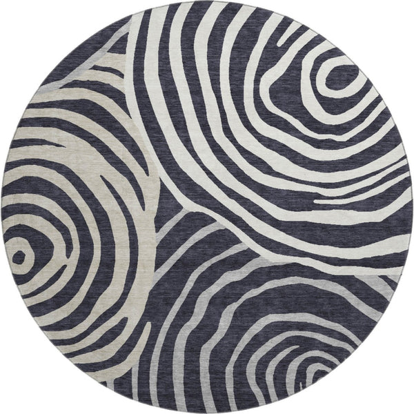 HomeRoots 8' Modern Black Ivory Gray Abstract Washable Round Rug with UV Protection & Stain Resistance 664167