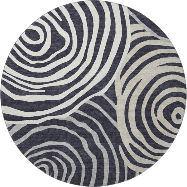 HomeRoots 8' Modern Black Ivory Gray Abstract Washable Round Rug with UV Protection & Stain Resistance 664167