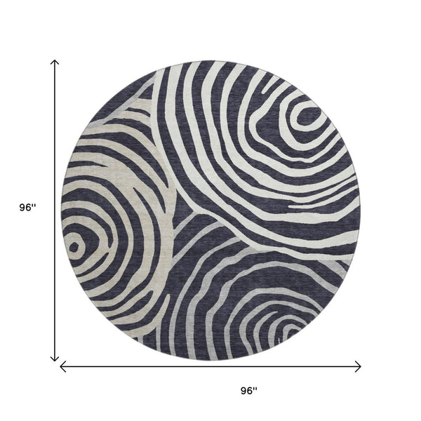 HomeRoots 8' Modern Black Ivory Gray Abstract Washable Round Rug with UV Protection & Stain Resistance 664167