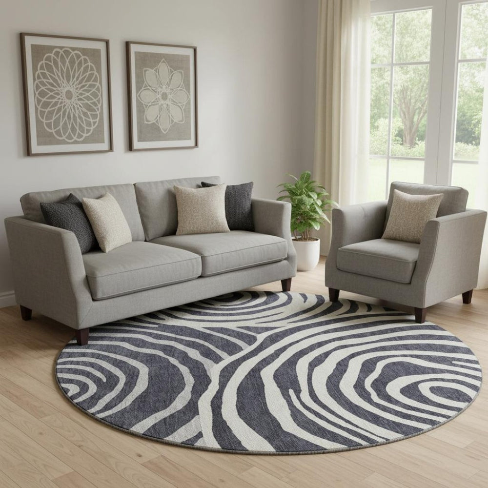 HomeRoots 8' Modern Black Ivory Gray Abstract Washable Round Rug with UV Protection & Stain Resistance 664167