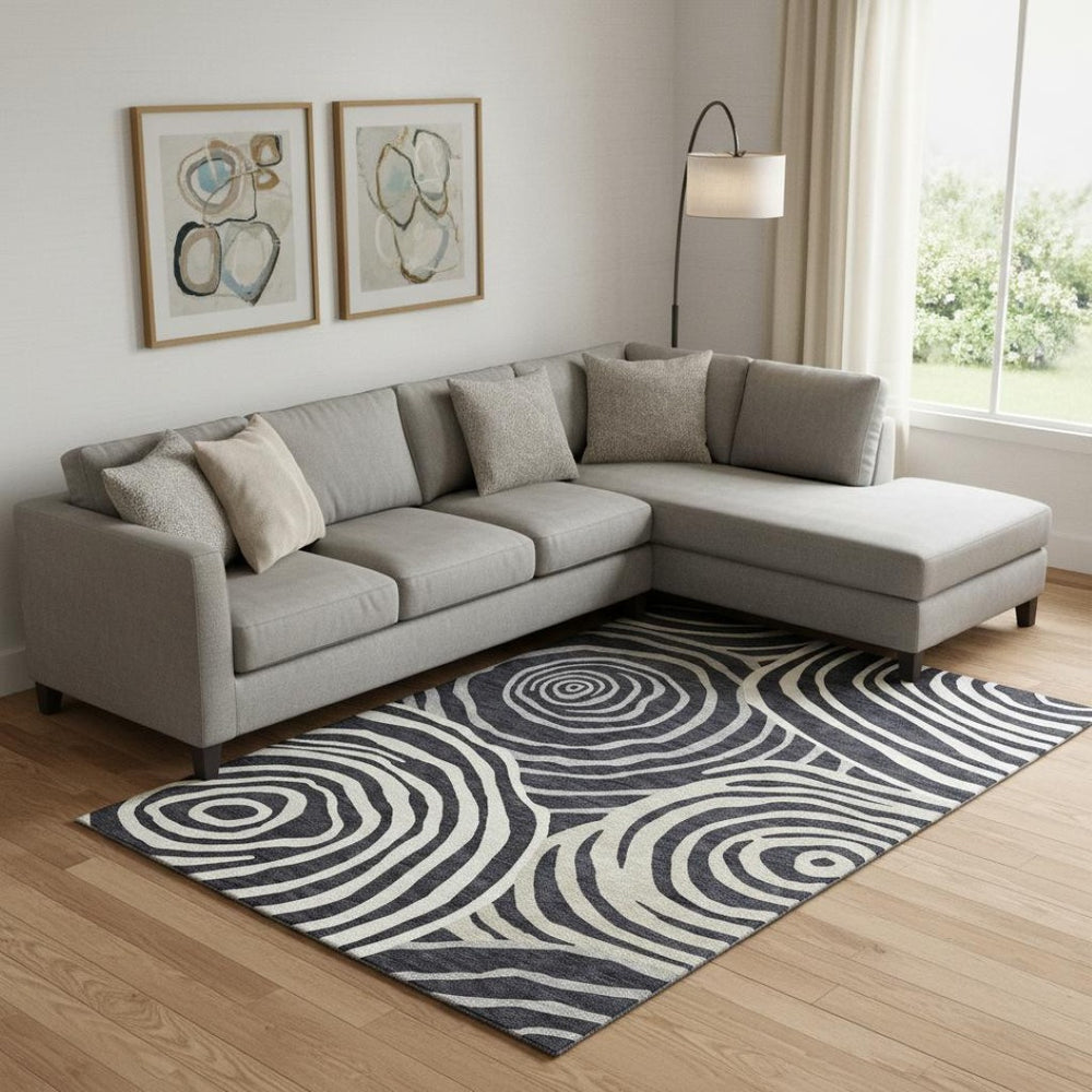 HomeRoots 8' X 10' Modern Black Ivory Gray Abstract Washable Area Rug with UV Protection for Busy Homes 664168